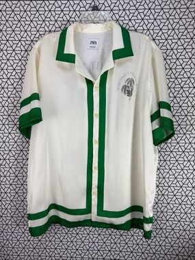 Zara NWOT Cream Short-Sleeve Button-Up Shirt with Green Trim
